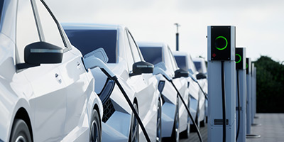 Electric cars lined up on curb, each connected to charging station