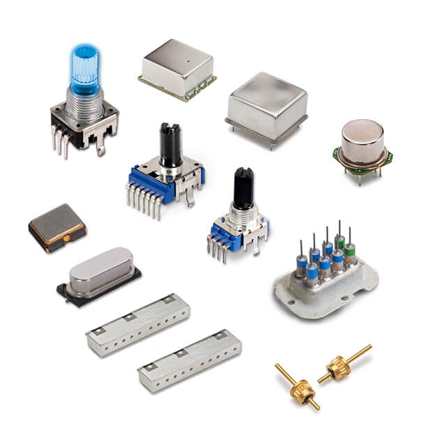 CTS encoders, emi filters, RF filters and clock oscillators on white background